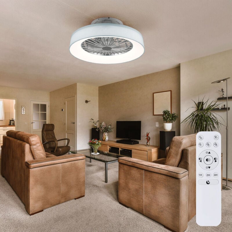 foto del prodotto ventilatore da soffitto con telecomando per illuminazione, plafoniera bianca con ventilatore, timer luce notturna cct dimmerabile, 30 watt led 2200lm