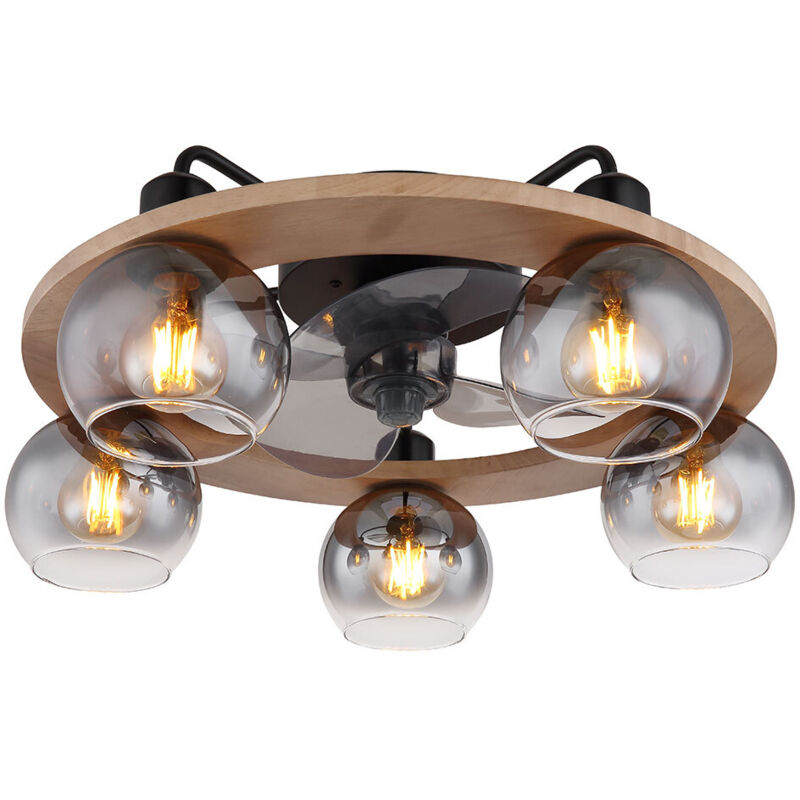 foto del prodotto ventilatore da soffitto con telecomando plafoniera ventilatore in legno lampada retro vetro fumé, vetro metallo, 5x e27, dxh 55x21,5 cm