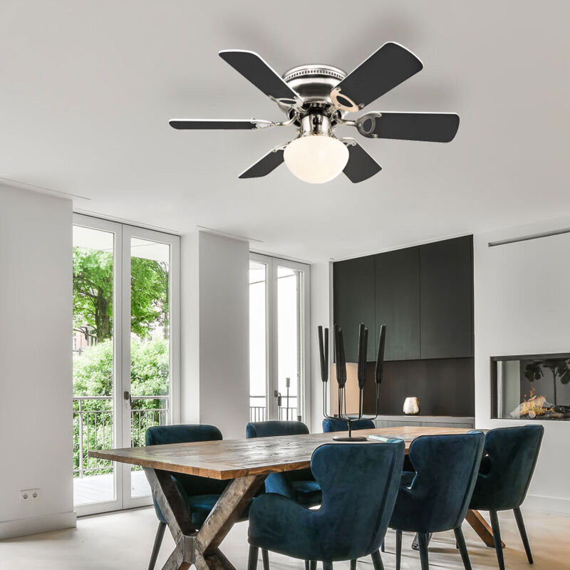 foto del prodotto ventilatore da soffitto lampada da soffitto lampada da soggiorno ritorno in avanti, pale reversibili interruttore a strappo, vetro nichel opaco, 1x