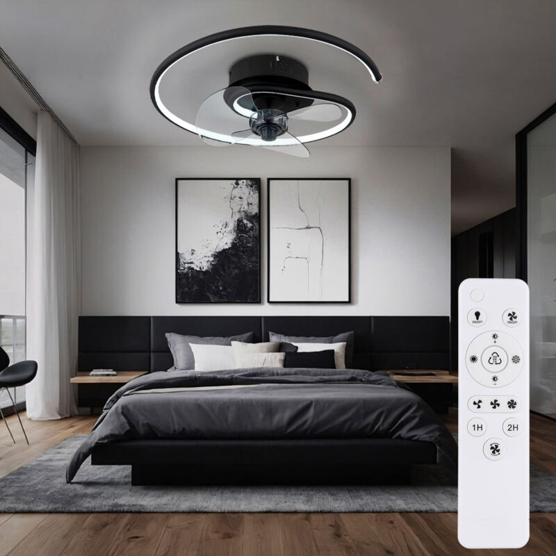 foto del prodotto ventilatore da soffitto lampada da soffitto lampada soggiorno camera da letto ventilatore da camera, metallo nero alluminio, telecomando dimmerabile