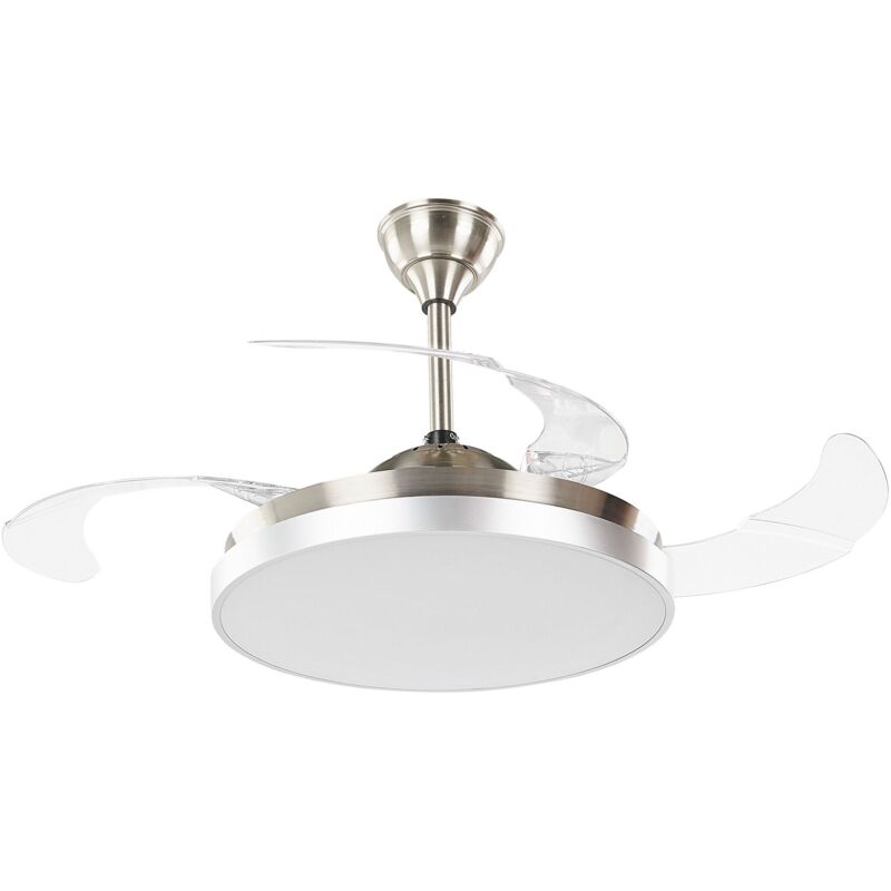 foto del prodotto ventilatore da soffitto metallo argento pale trasparenti e telecomando ibar