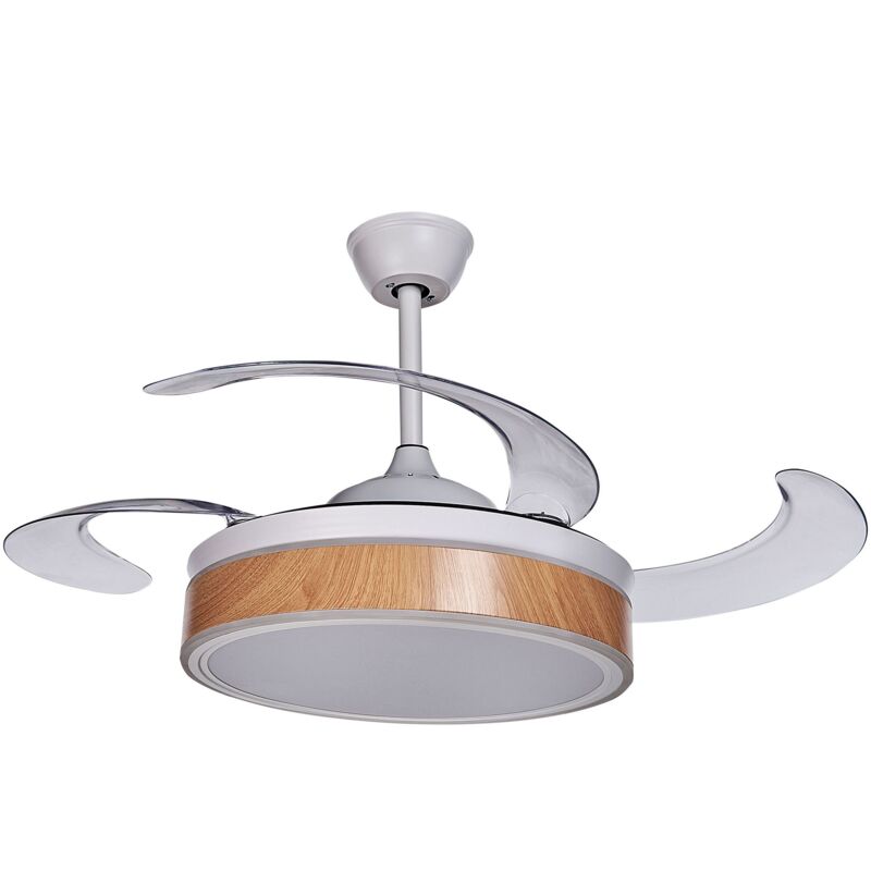 foto del prodotto ventilatore da soffitto moderno a pale retrattili con telecomando e illuminazione a led bianco con luce effetto legno fremont