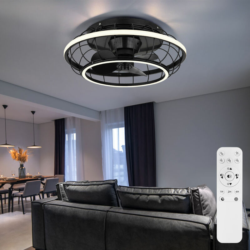 foto del prodotto ventilatore da soffitto nero lampada da soffitto moderna soggiorno luce dimmerabile, anelli led telecomando cct timer, led 30w 1300lm 2700 6500k, dxh