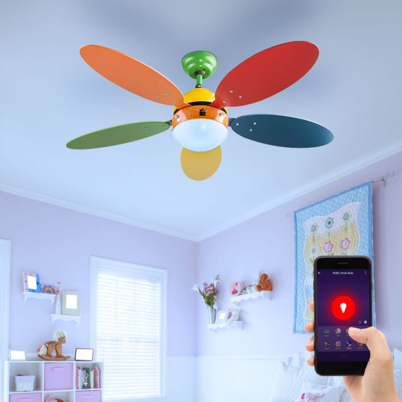 foto del prodotto ventilatore da soffitto per cameretta dei bambini lampada da soffitto colorata ventilatore avanti ritorno, vetro, controllo tramite app cct, smart