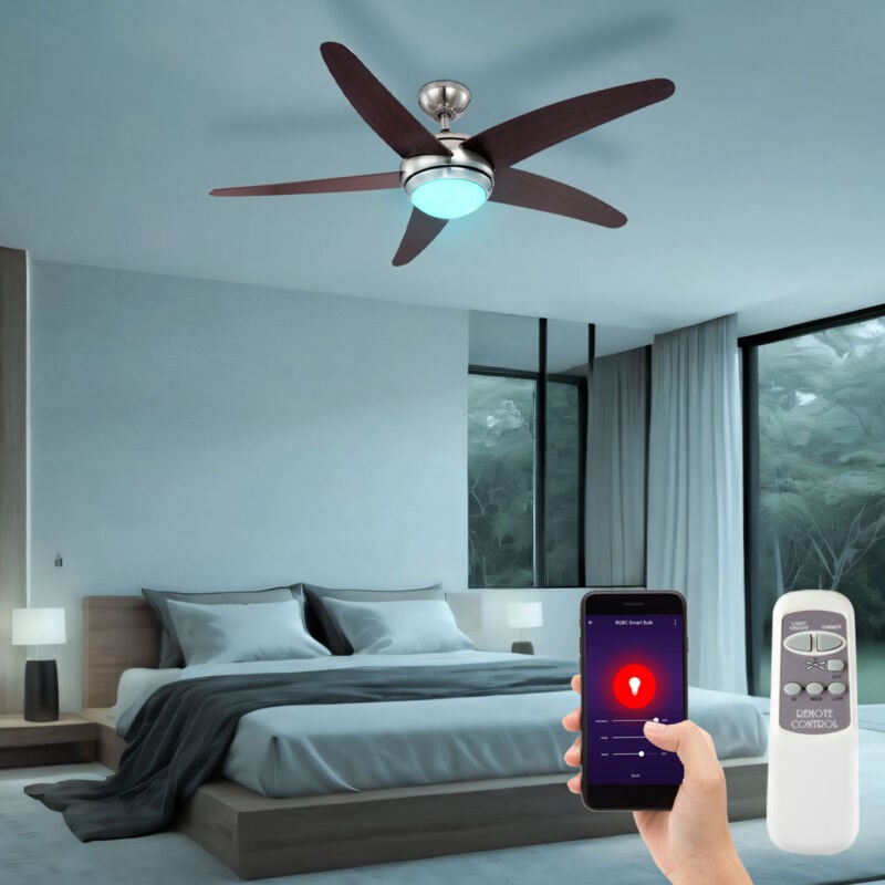 foto del prodotto ventilatore da soffitto raffreddatore per ambienti ventilatore da soggiorno, marrone argento, led rgb telecomando intelligente dimmerabile 3 velocità, 1x 5w 470lm 2700-6400k, d 132 cm