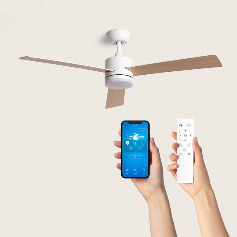 foto del prodotto ventilatore da soffitto silenzioso fleves 132cm motore dc, colore lama legno chiaro, telecomando, con luce, wifi true
