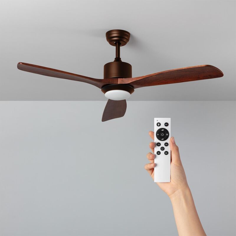 foto del prodotto ventilatore da soffitto silenzioso forest marrone 132cm motore dc, colore lama legno scuro, telecomando, con luce, wifi false