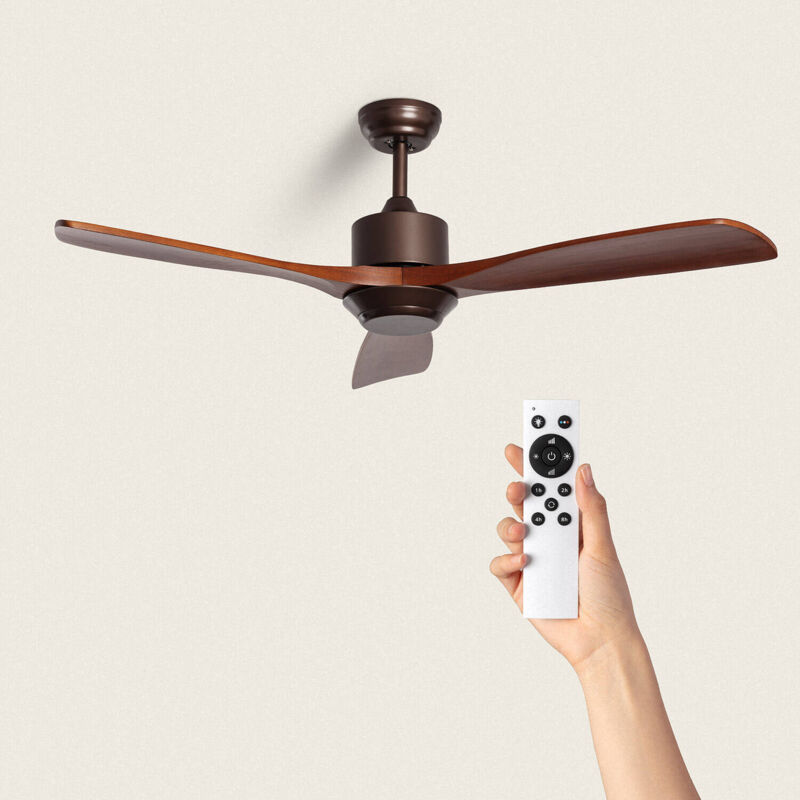 foto del prodotto ventilatore da soffitto silenzioso forest marrone 132cm motore dc, colore lama legno scuro, telecomando, senza luce, wifi false