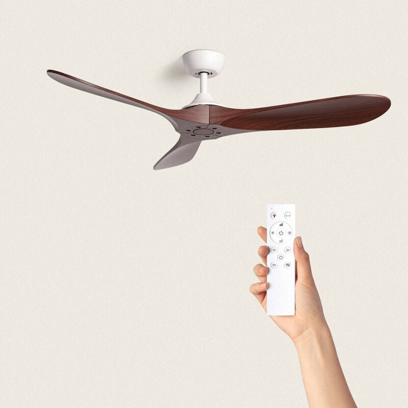 foto del prodotto ventilatore da soffitto silenzioso spetses bianco madera 132 cm motore dc, colore lama legno scuro, telecomando, senza luce, wifi false