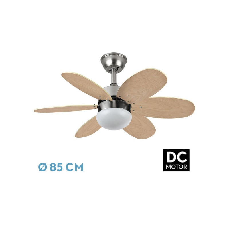 foto del prodotto ventilatore dc 6 pale, colore bianco e faggio, 41x85 cm, controllo remoto, timer, ideale per rinfrescare gli ambienti e regolare la temperatura della