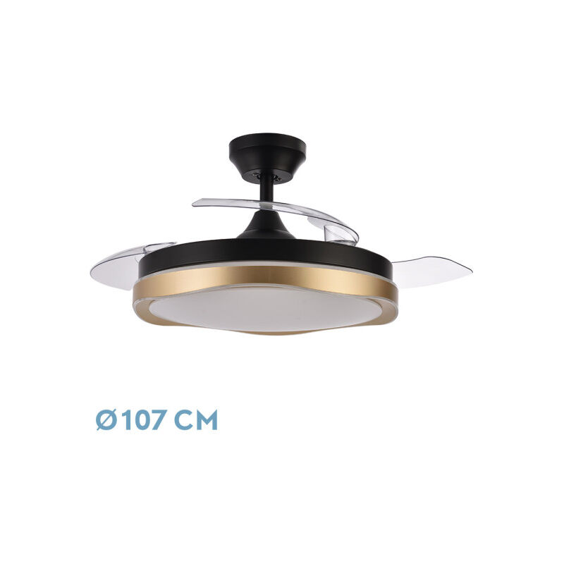 foto del prodotto ventilatore dc blondi nero oro 72w 3aspas 107d 7200lm 6vel 3000k,4500k,6000k, remoto timer memoria
