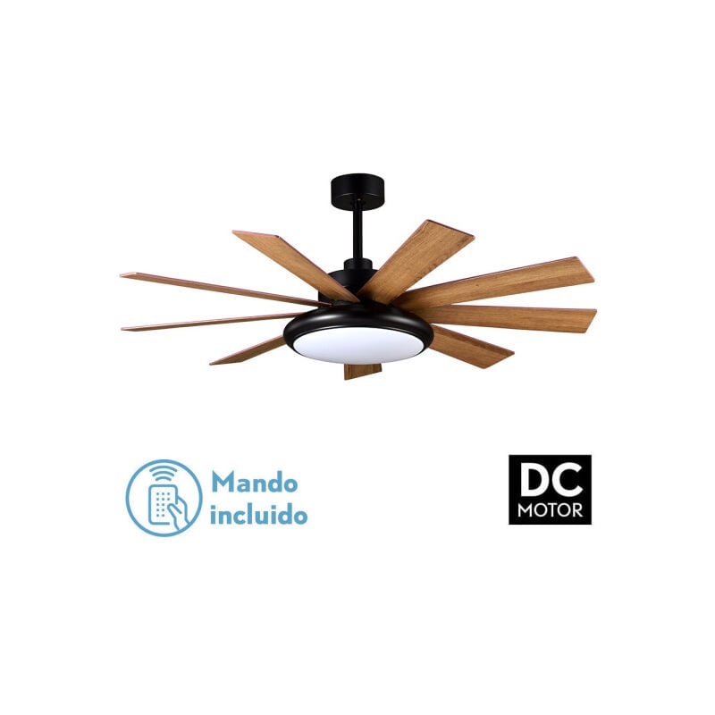 foto del prodotto ventilatore dc pireo 36w nero 9 pale rovere faggio 6 vel 3000k, 4500k, 6000k 3800lm 132d c remoto, memoria e timer