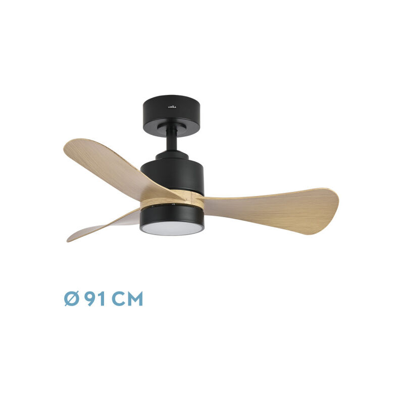 foto del prodotto ventilatore dc zepelin 18w 1900lm nero legno chiaro 3asps 91d 3000 4000 6500k telecomando, memoria e timer