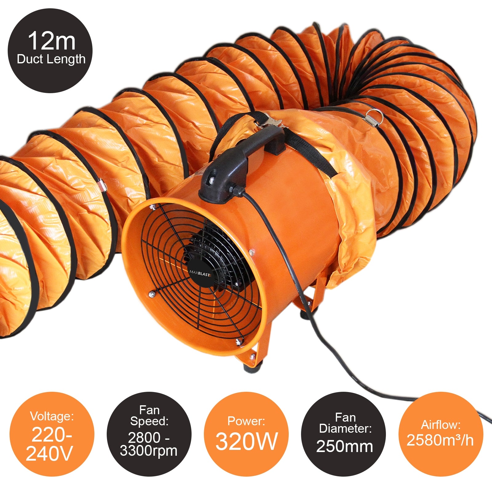 foto del prodotto ventilatore estrattore aria industriale con tubo dotto aspira polveri e fumo o soffia aria pulita ventola reversibile 250mm dotto 12m