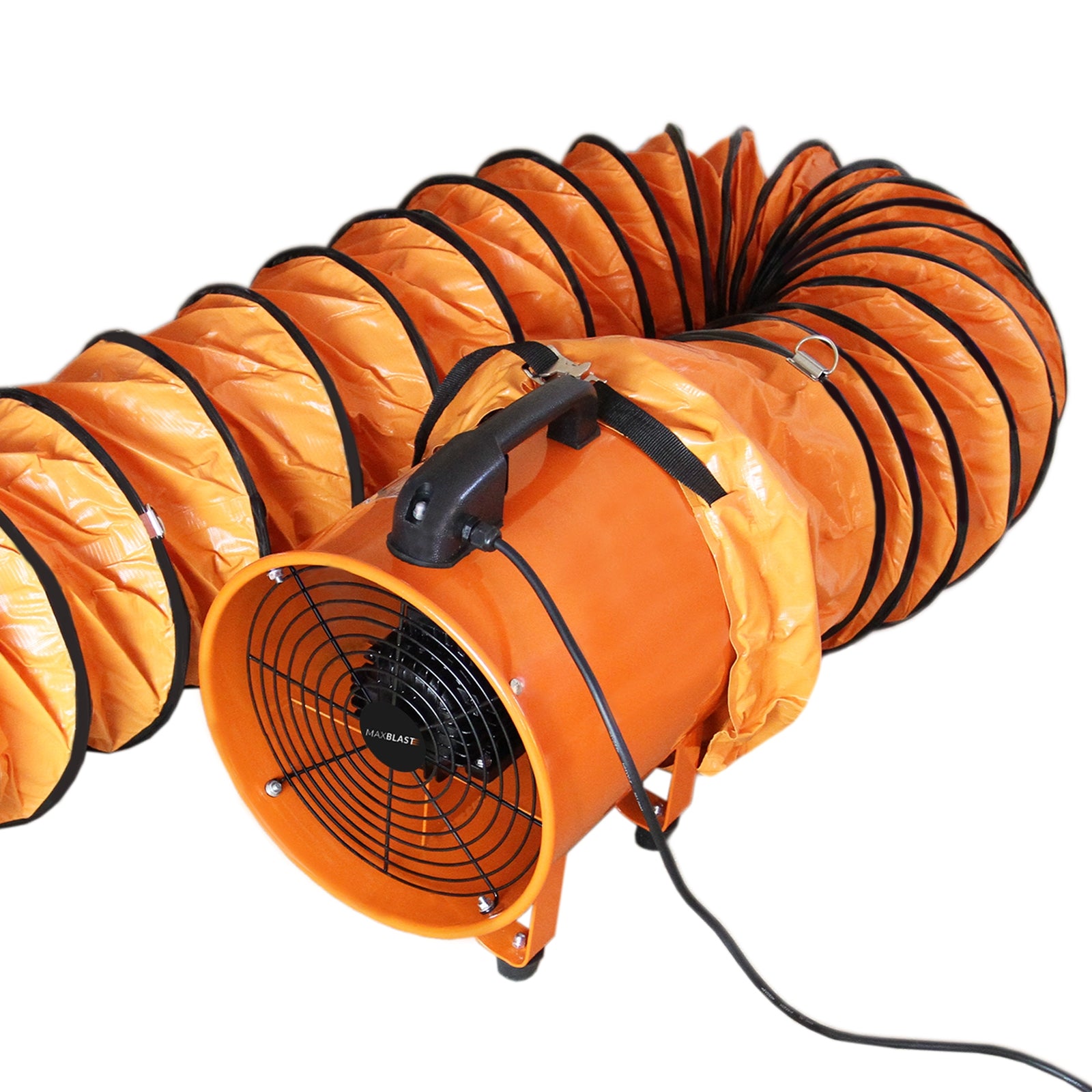 foto del prodotto ventilatore estrattore aria industriale con tubo dotto aspira polveri e fumo o soffia aria pulita ventola reversibile 300mm dotto 12m 110v