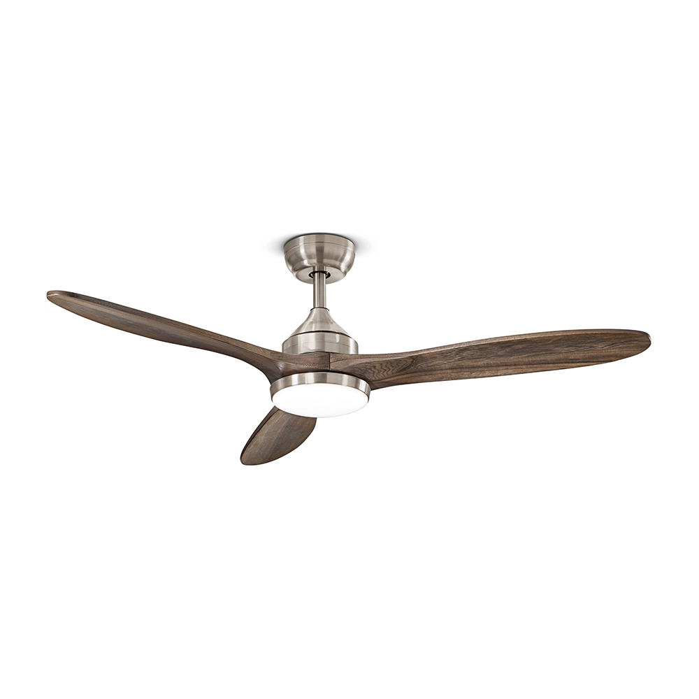 foto del prodotto ventilatore moderno triade metallo cromo legno noce led 18w cct