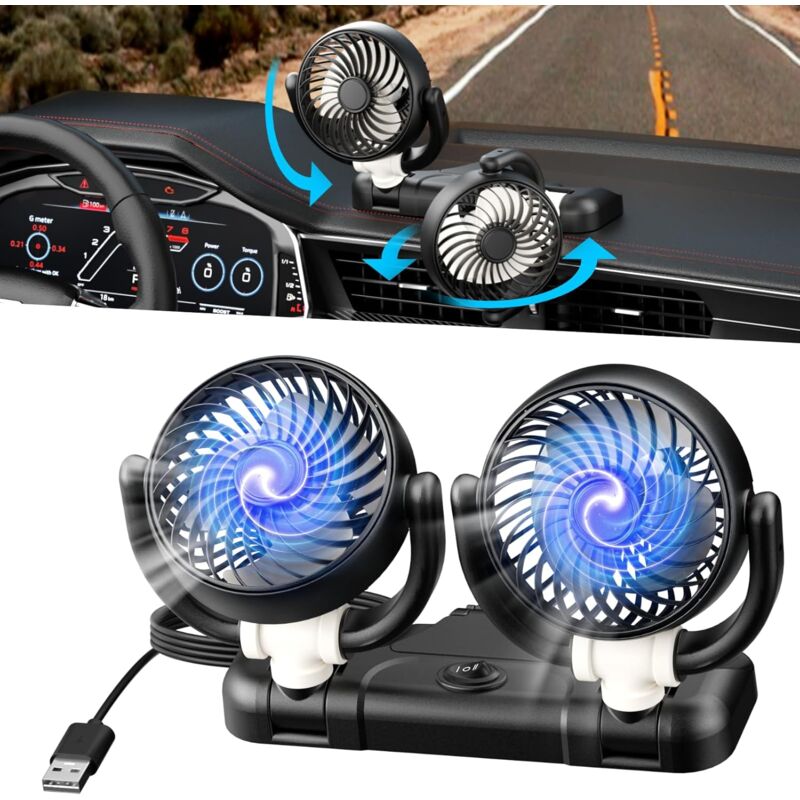 foto del prodotto ventilatore per auto a doppia testa da 5 v, ventola per auto usb con rotazione a 360 , ventola automatica, ventola per veicoli, ventole di