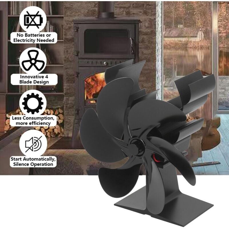 foto del prodotto ventilatore per stufa a legna, 6 pale, alimentato a calore, silenzioso, con protezione da surriscaldamento, per natale, nero