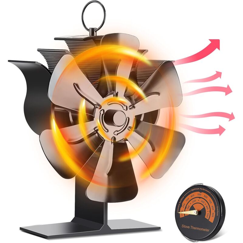 foto del prodotto ventilatore per stufa a legna, ventilatore per camino alimentato a calore con 6 pale, ventilatore silenzioso ecologico per stufa a legna stufa a
