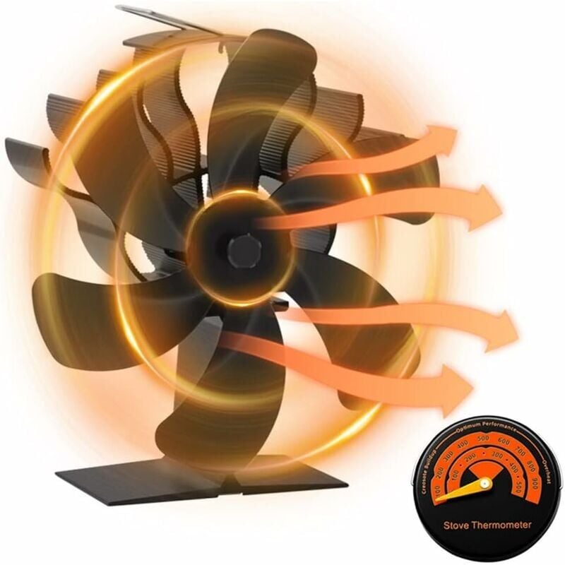 foto del prodotto ventilatore per stufa, ventilatore per stufa a 6 pale con termometro, ventilatore per stufa a legna, ventilatore per camino alimentato termicamente,