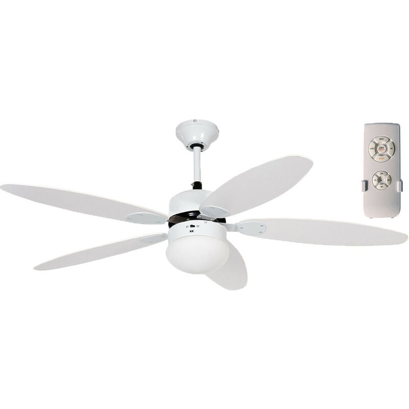 foto del prodotto ventilatore soffitto 128cm 5pale in legno bianco funzione invernale reversibile con telecomando e luce per casa ristorante hotel