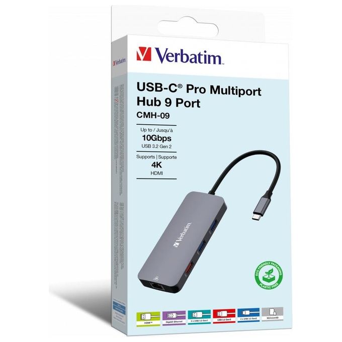 foto del prodotto verbatim cmh-09 multiport hub 9 porte usb tipo-c 10000 mbit-s argento