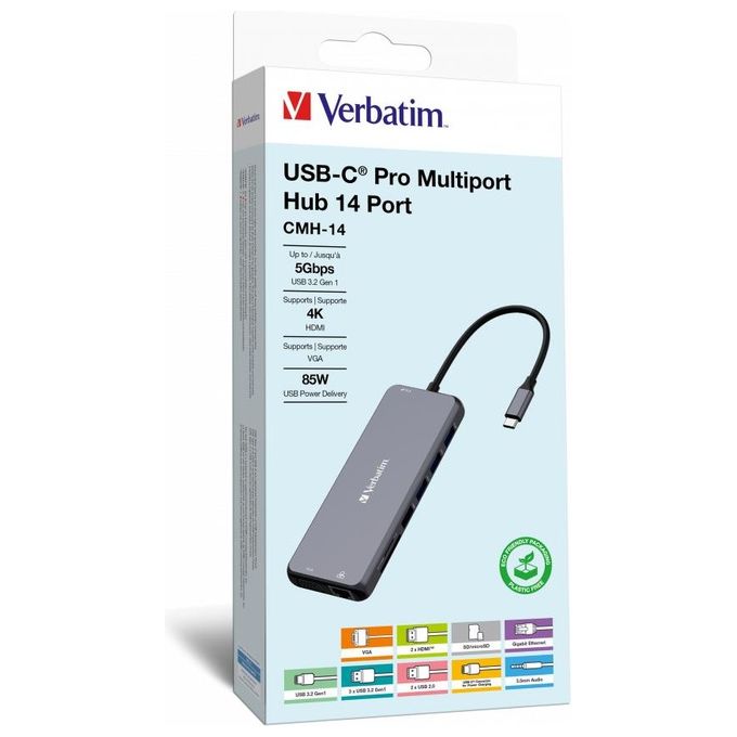 foto del prodotto verbatim cmh-14 multiport hub 14 porte usb tipo-c 5000 mbit-s argento