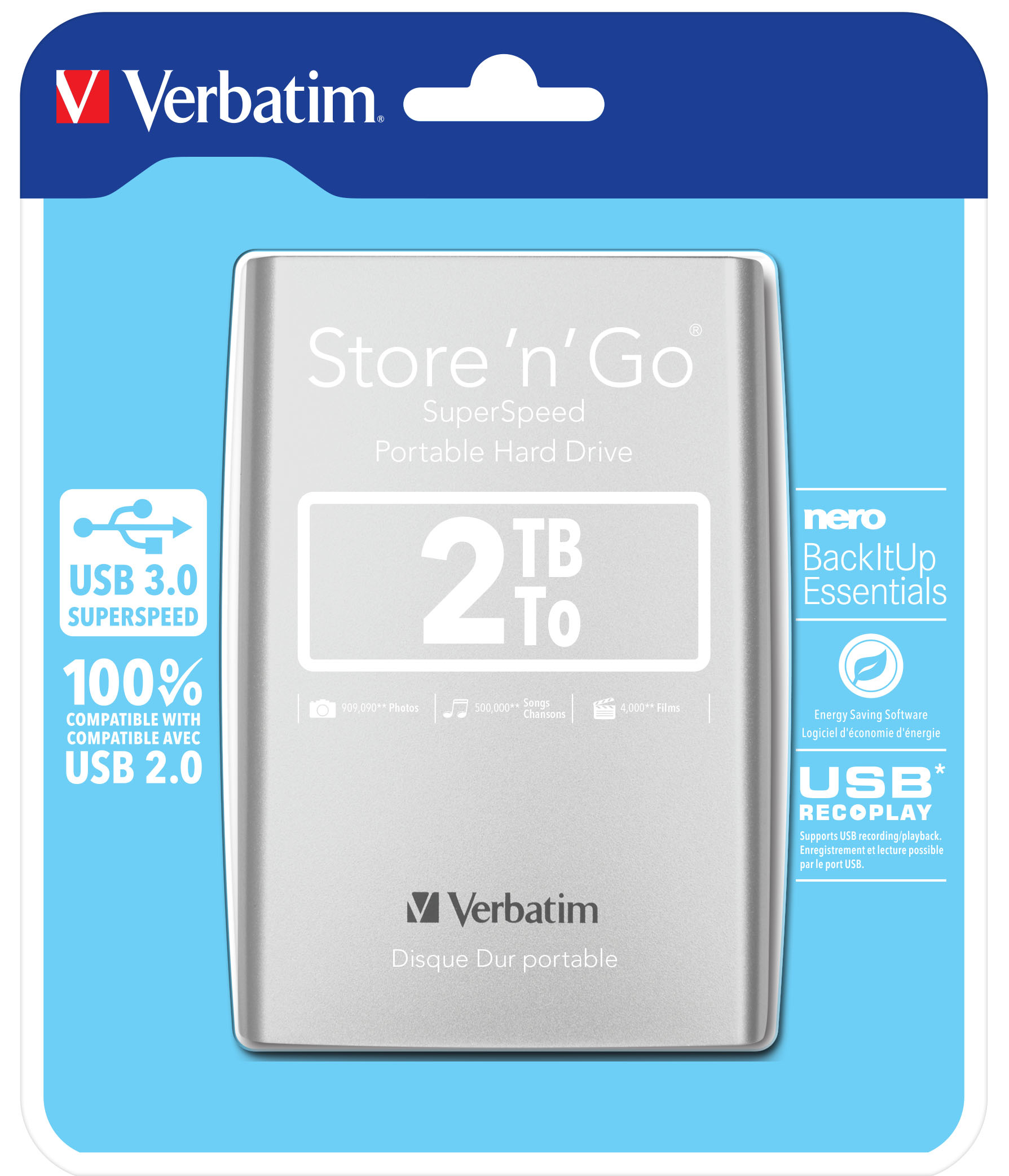 foto del prodotto verbatim disco rigido portatile store n go usb 3.0 da 2 tb argento