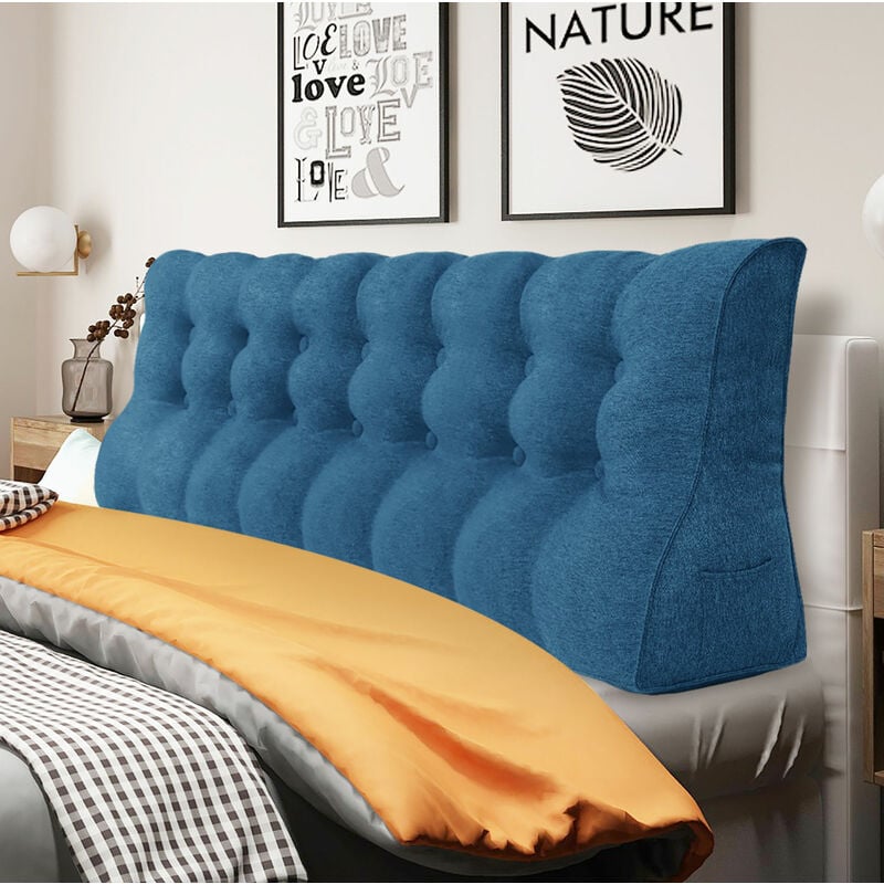 foto del prodotto vercart - cuscino da lettura a cuneo, triangolare, supporto per letto, schienale, poggiatesta, supporto per la schiena, cuscino decorativo, misto lino blu, 200 x 25 x 55 cm