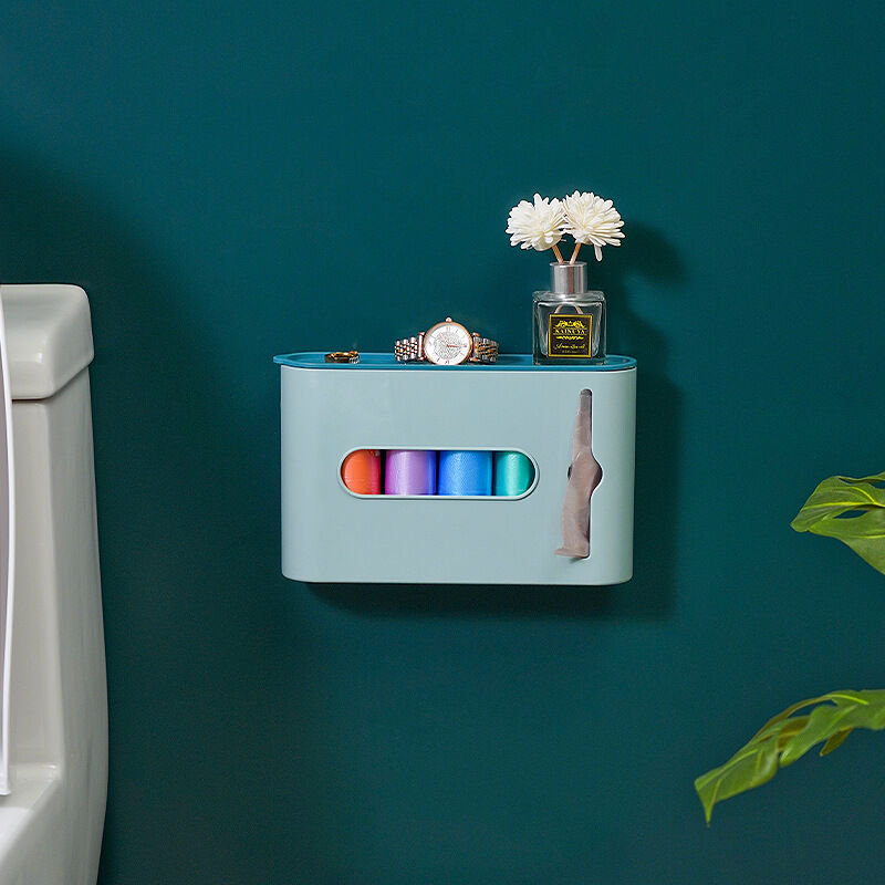 foto del prodotto verde dispenser per sacchetti della spazzatura, dispenser autoadesivo montato a parete, porta sacchetti di plastica, dispenser per sacchetti della