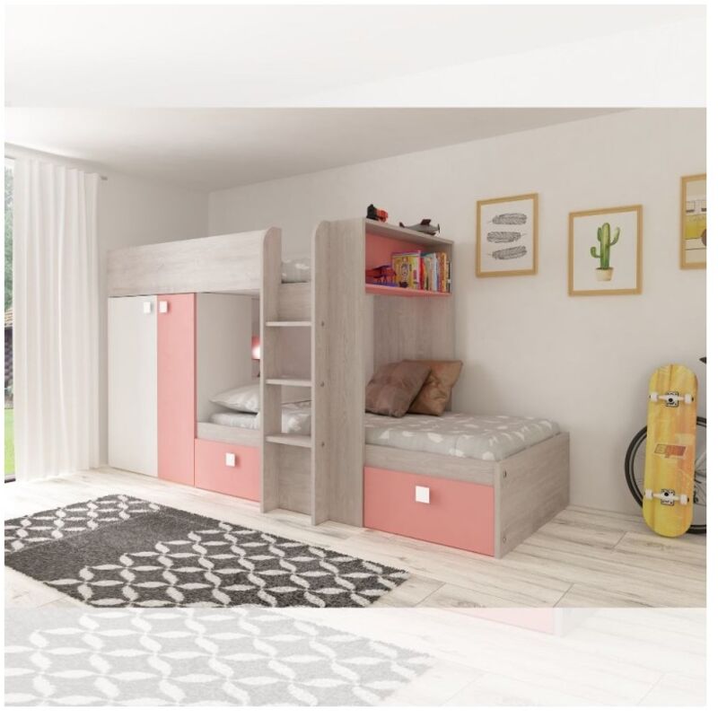 foto del prodotto veriaffari.it letto a castello bianco consumato e rosa flamingo con armadio e cassetti 1267