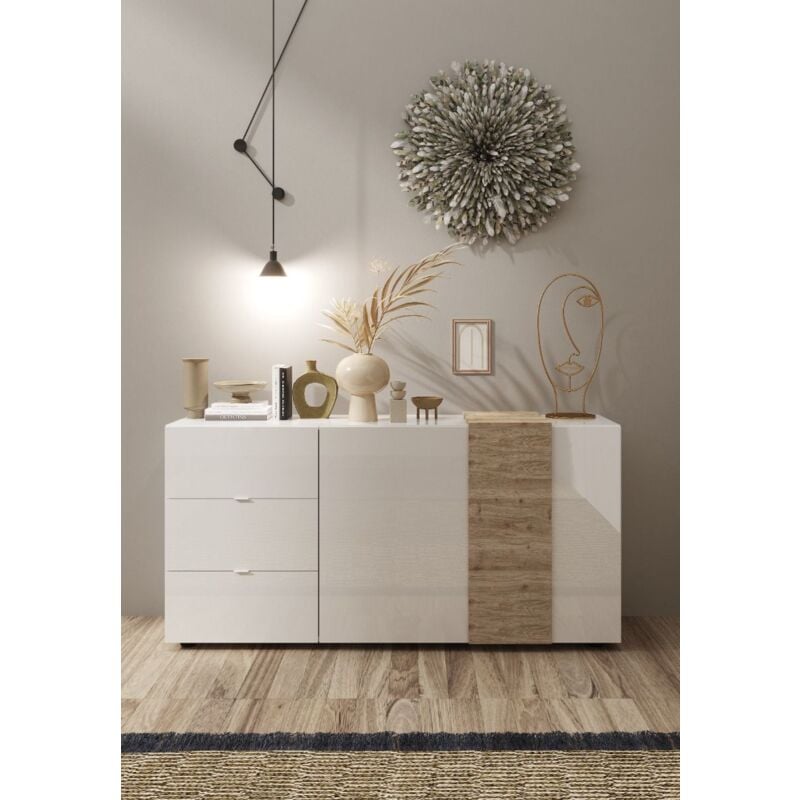 foto del prodotto veriaffari.it - madia 2 ante 3 cassetti sabry colore bianco lucido rovere kadiz