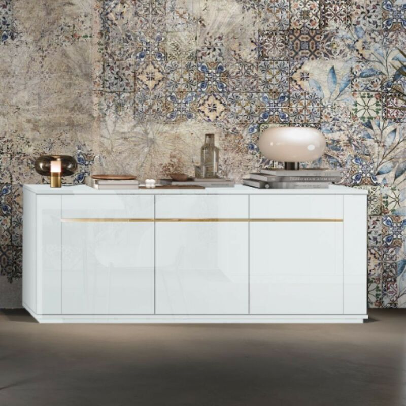 foto del prodotto veriaffari.it madia 3 ante bianco lucido laccato con particolari oro alce 205x49x83h
