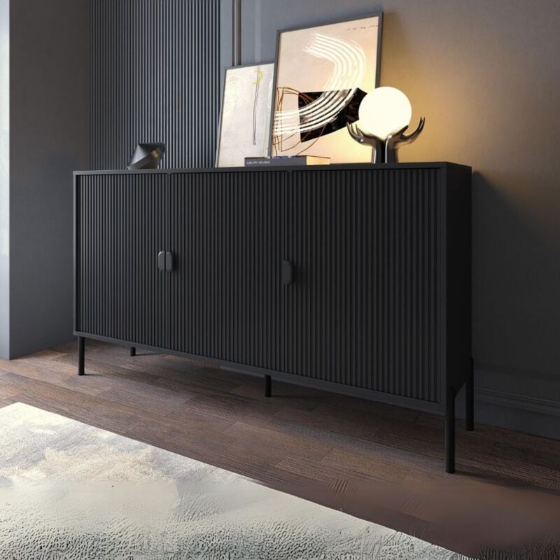 foto del prodotto veriaffari.it madia lotus 3 ante con frontali cannettati colore nero opaco 153.5x49x87.4h