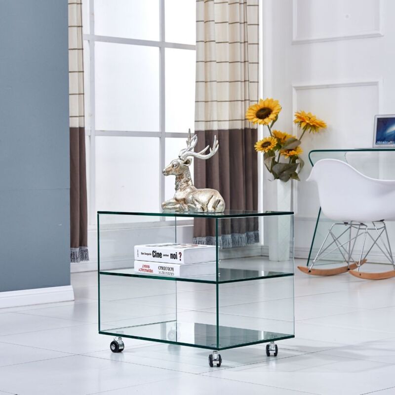 foto del prodotto veriaffari.it tavolino da salotto in vetro temperato con ruote corniolo 60x40x53h