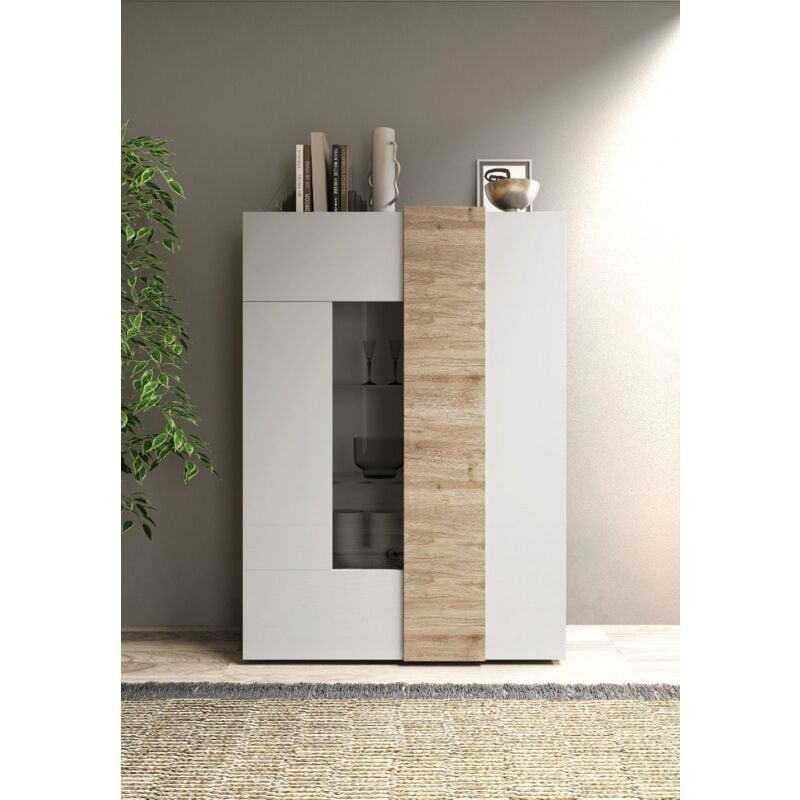 foto del prodotto veriaffari.it vetrina 2 ante linea olimpo finitura bianco lucido e rovere kadiz