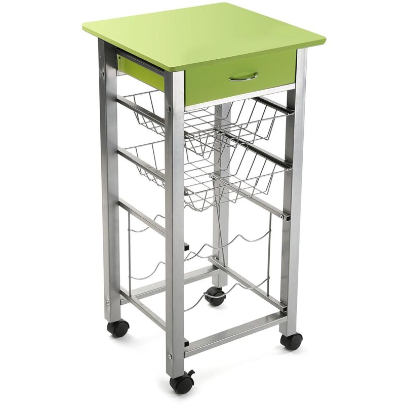 foto del prodotto versa carrello con piano e cassetto verde in legno e struttura acciaio