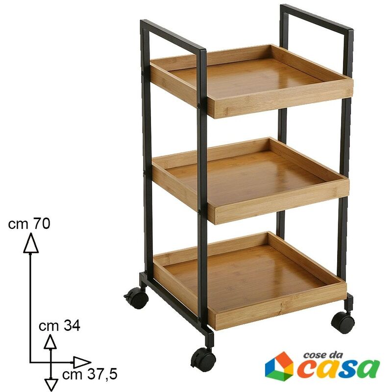 foto del prodotto versa carrello in legno bambu portatutto da cucina con ruote 3 ripiani