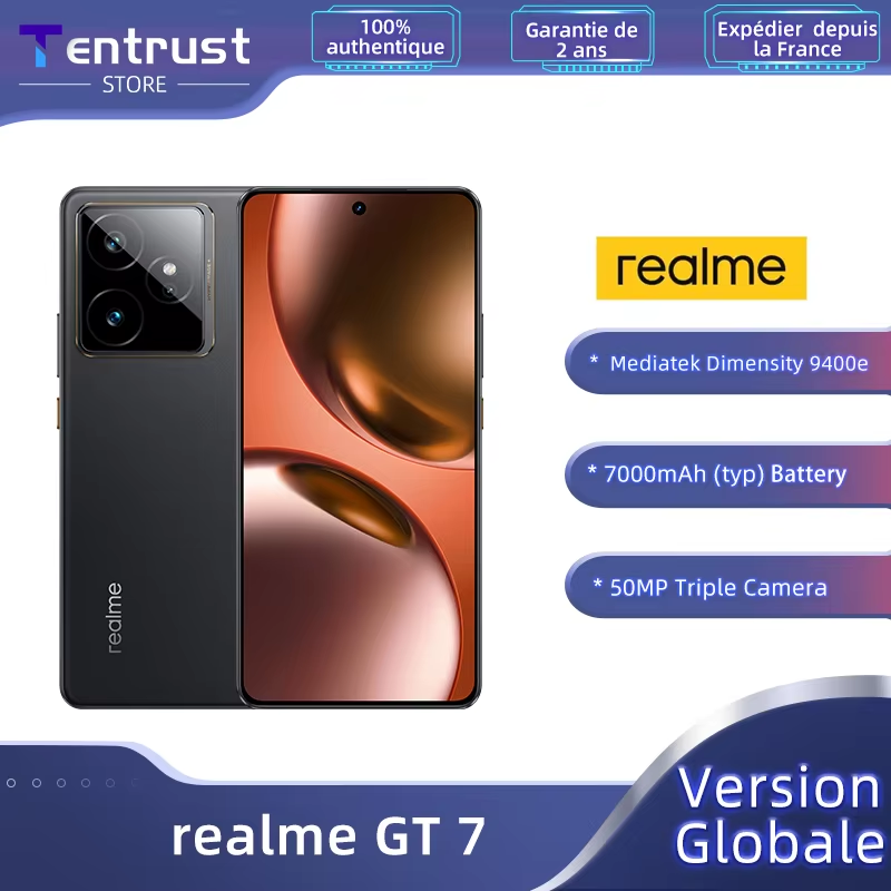 foto del prodotto versione globale realme gt 7 5g ai smartphone mtk dimensity 9400e 6000nits pro-esports display 7000 mah batteria 120w ultra charge