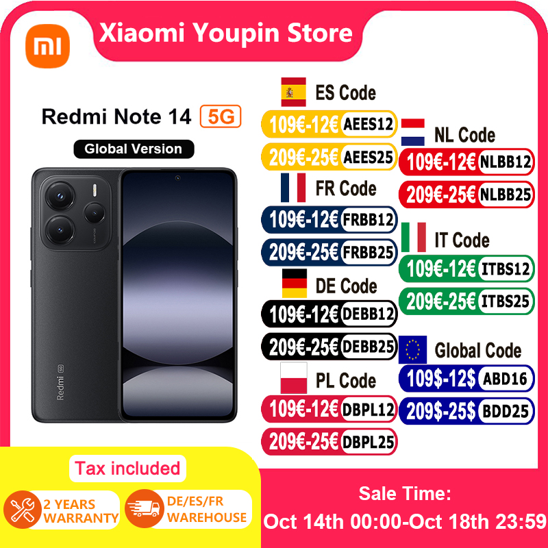 foto del prodotto versione globale xiaomi redmi note 14 5g nfc smartphone mtk dimensity 7025-ultra 108mp fotocamera 5110mah batteria 45w turbo ricarica