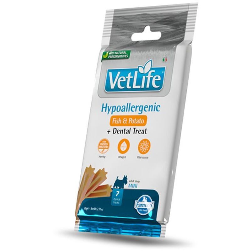 foto del prodotto vetlife cane veterinary hypoallergenic adult mini 60gr pesce e patate