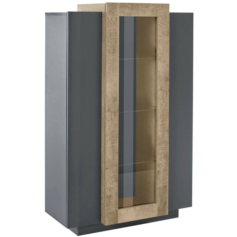 foto del prodotto vetrina ablaze, credenza con tre ante, mobile da soggiorno multiuso, 100 made in italy, cm 80x38h121, antracite e acero dmora