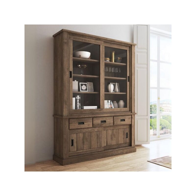foto del prodotto vetrina anthony iii con 2 ante vetro e 3 cassetti colore noce eastwood stile shabby