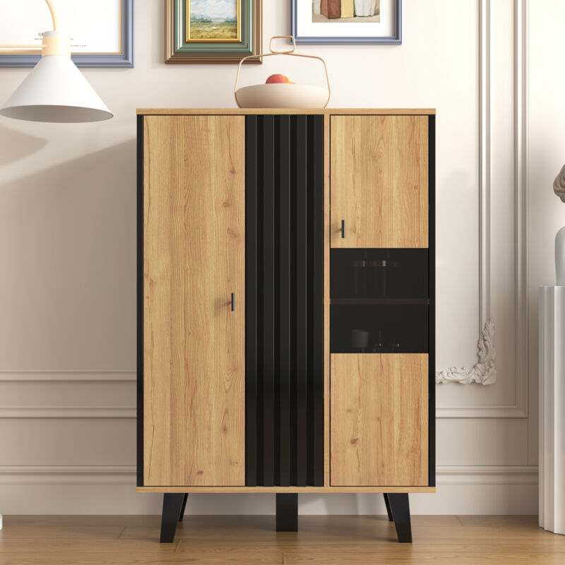 foto del prodotto vetrina buffet con vetro e illuminazione a led, design esclusivo con strisce in legno nero, robusta e pratica, 80l x 40w x 120h cm