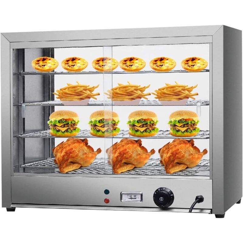 foto del prodotto vetrina calda per cibo vetrinetta termica vetrina da banco per catering, caldaia e cibo, con 4 ripiani in acciaio inox, 56,3 x 28,5 cm