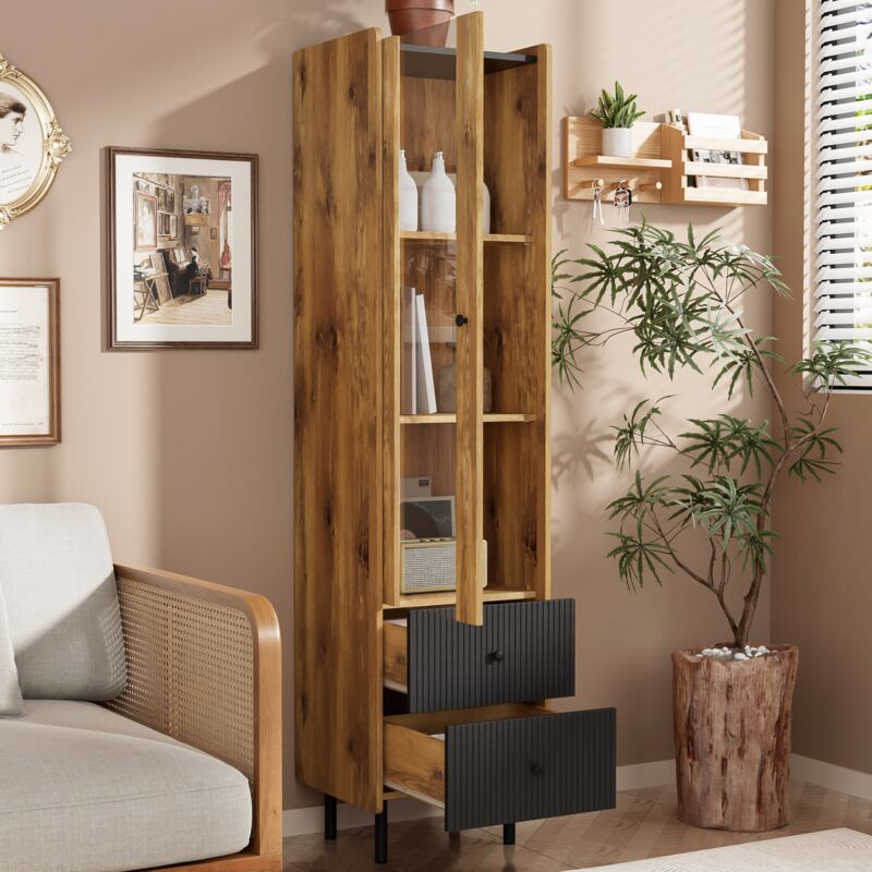 foto del prodotto vetrina, colonna, 2 cassetti, effetto legno 180 x 44 x 40 cm, con anta a vetro, luce led gialla, nero