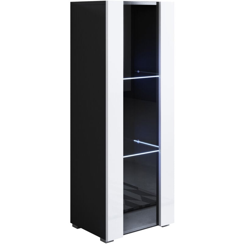 foto del prodotto vetrina con piedini 2cm e led mobile soggiorno moderno salotto vetrinetta pensile 40x128x28 modello luke v2 nero e bianco lucido