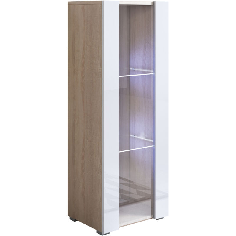foto del prodotto vetrina con piedini 2cm e led mobile soggiorno moderno salotto vetrinetta pensile 40x128x28 modello luke v2 sonoma opaco e bianco lucido