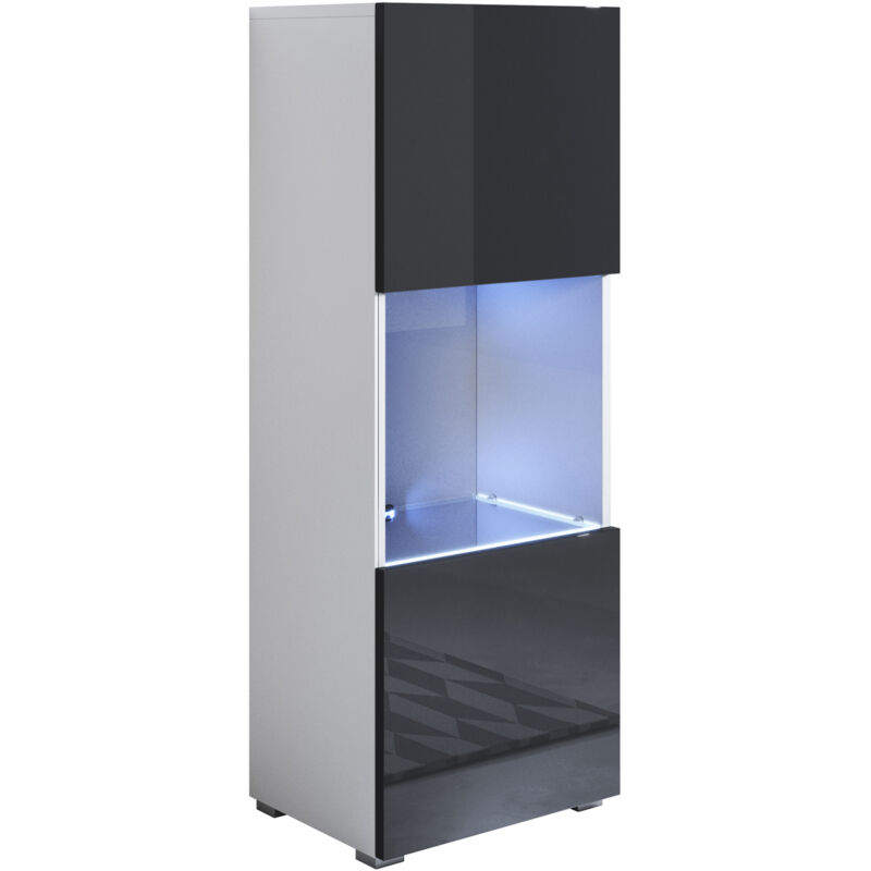 foto del prodotto vetrina con piedini 2cm e led mobile soggiorno moderno salotto vetrinetta pensile 40x128x28 modello luke v3 bianco e nero lucido