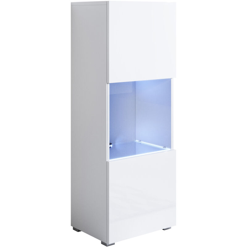 foto del prodotto vetrina con piedini 2cm e led mobile soggiorno moderno salotto vetrinetta pensile 40x128x28 modello luke v3 bianco lucido